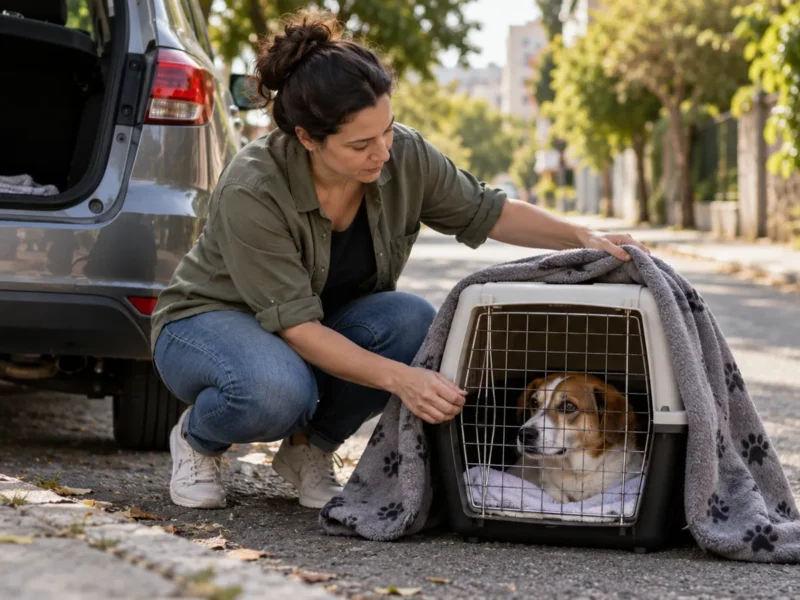 Tutora preparando transporte seguro de cão após acidente de trânsito.