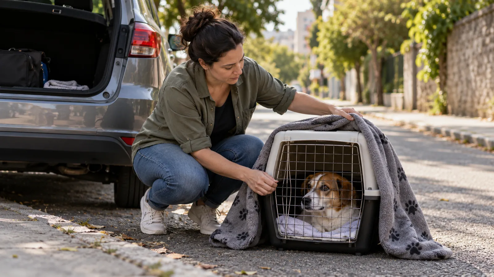 Tutora preparando transporte seguro de cão após acidente de trânsito.