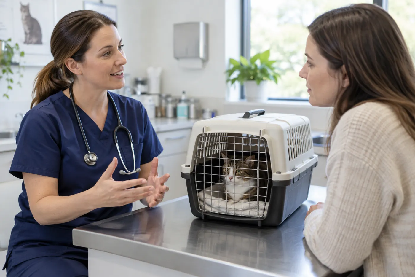 Veterinária avaliando histórico de gato com alteração nas fezes.