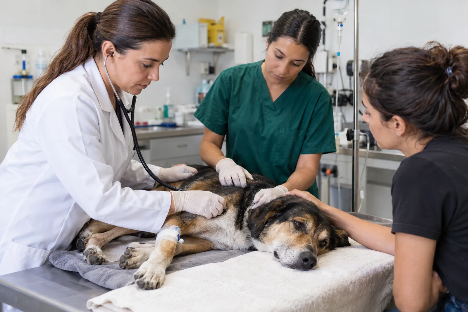 Equipe veterinária avaliando cão após atropelamento.