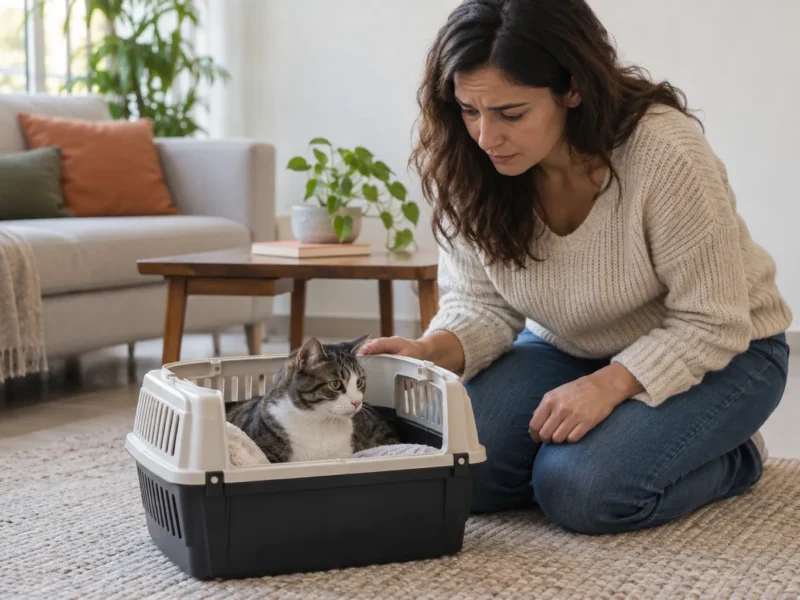Gato transportado em caixa estável após uma queda.
