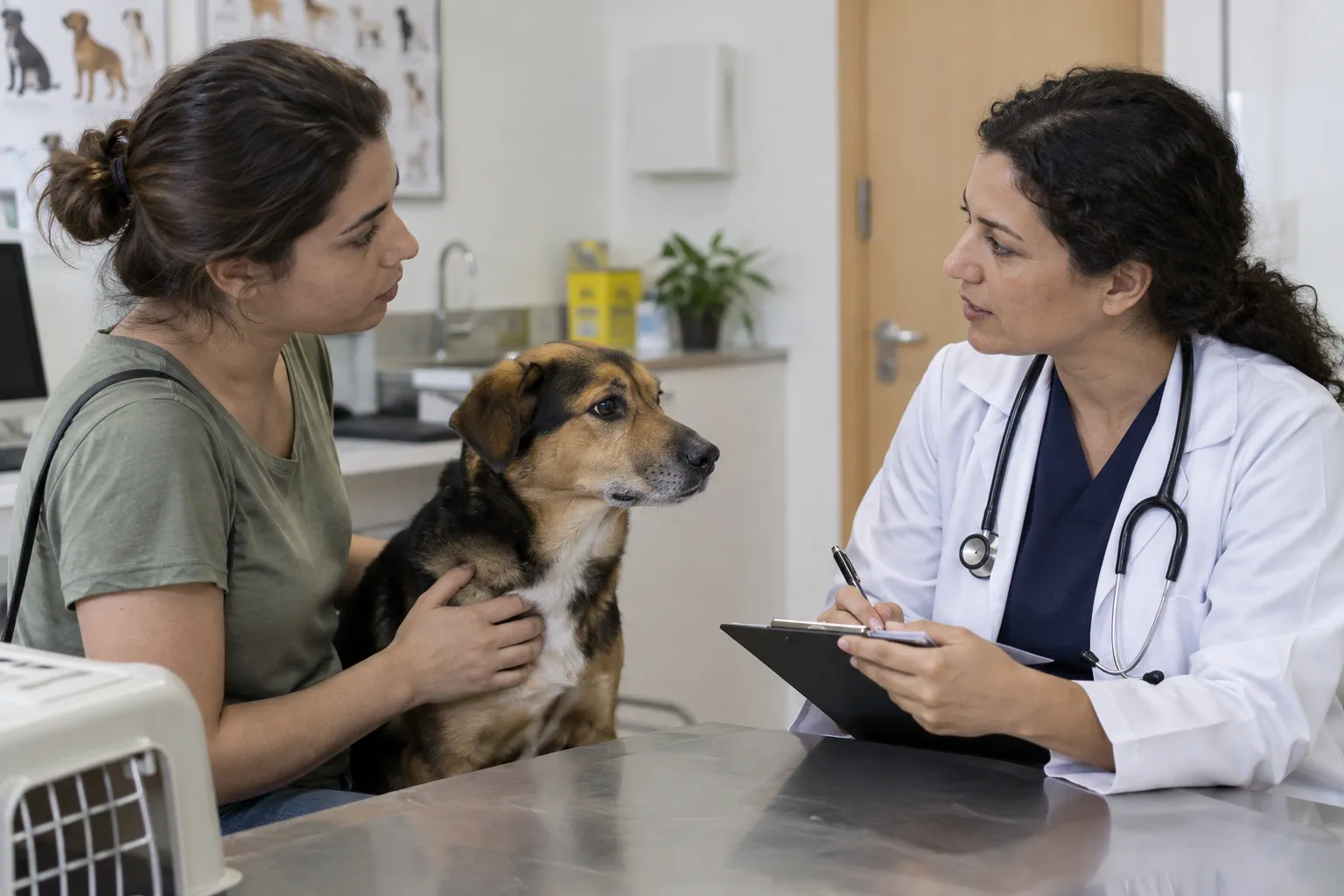 Tutor relatando uma queda de cão durante atendimento veterinário.