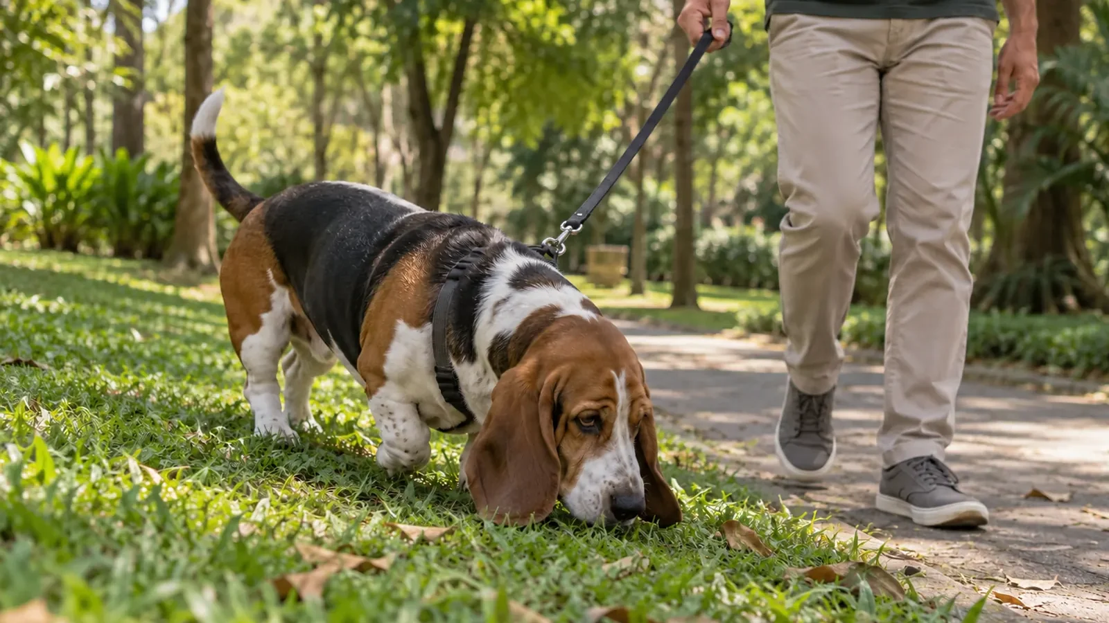 Basset Hound farejando durante passeio seguro com guia.