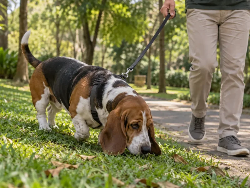 Basset Hound farejando durante passeio seguro com guia.