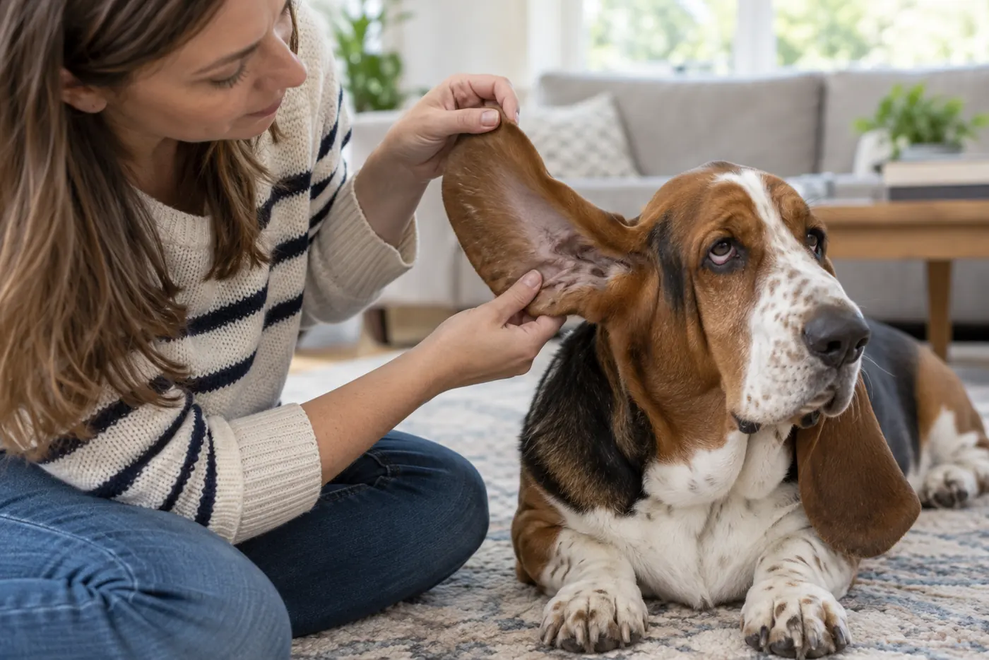 Tutora observando orelha de Basset Hound em casa.