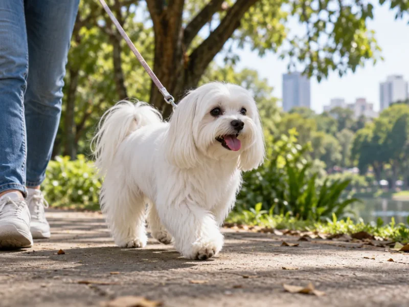 Cão Maltês caminhando com tutor em área arborizada.