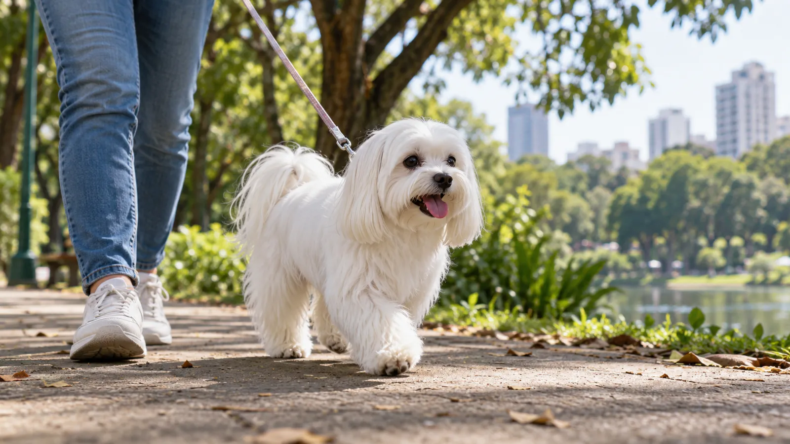 Cão Maltês caminhando com tutor em área arborizada.