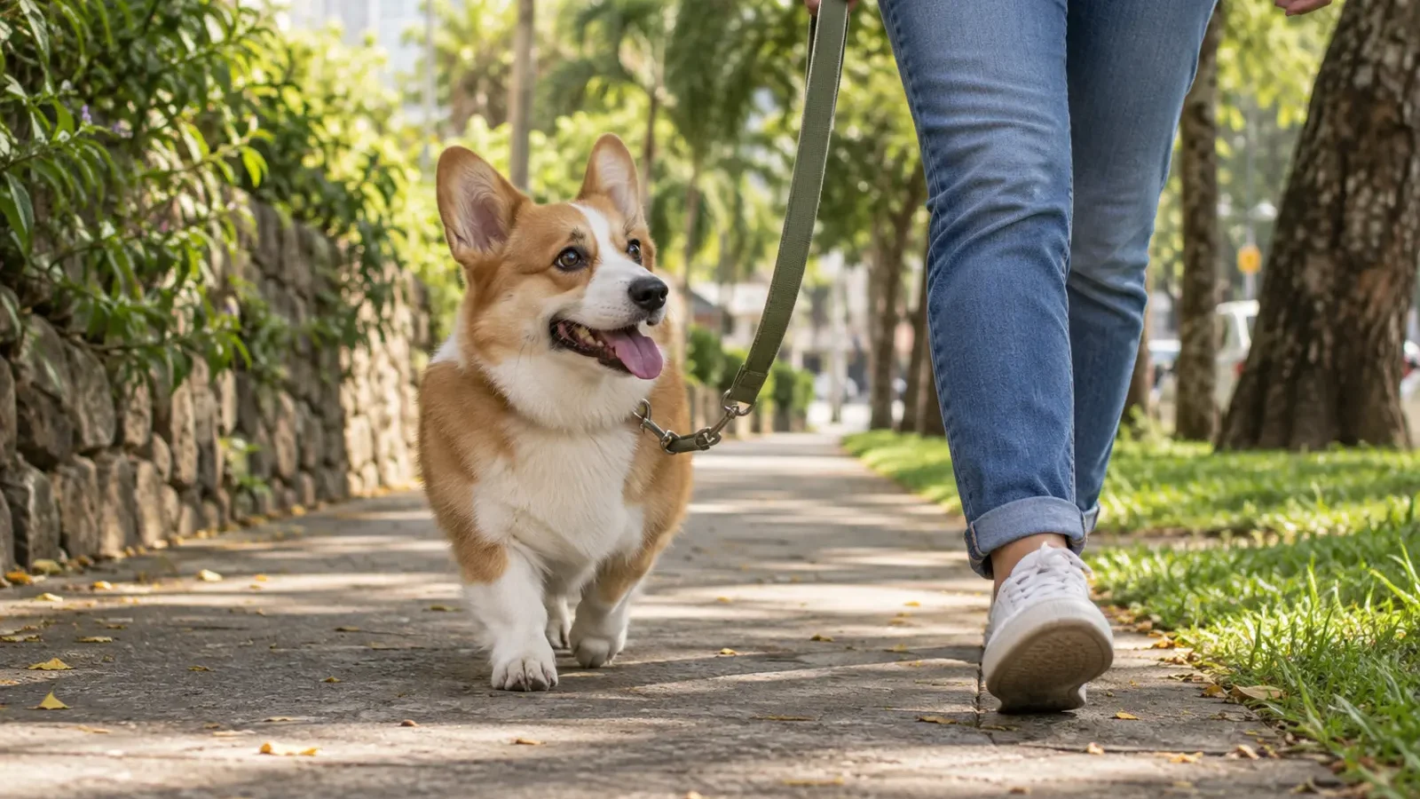 Corgi Pembroke caminhando de guia em passeio ao ar livre