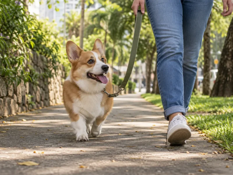 Corgi Pembroke caminhando de guia em passeio ao ar livre
