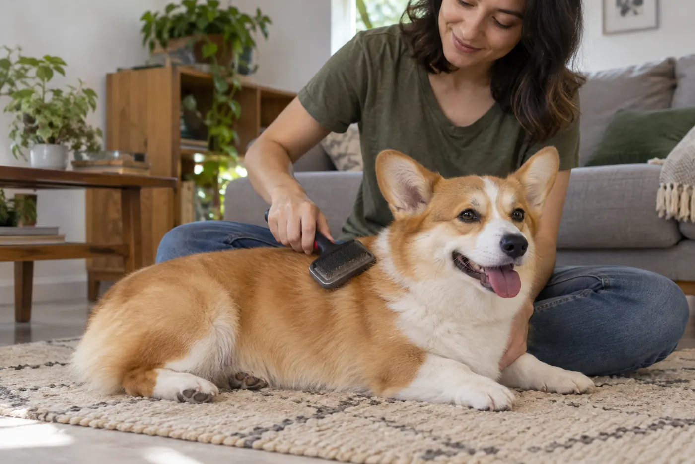 Tutor escovando a pelagem de um Corgi em ambiente doméstico