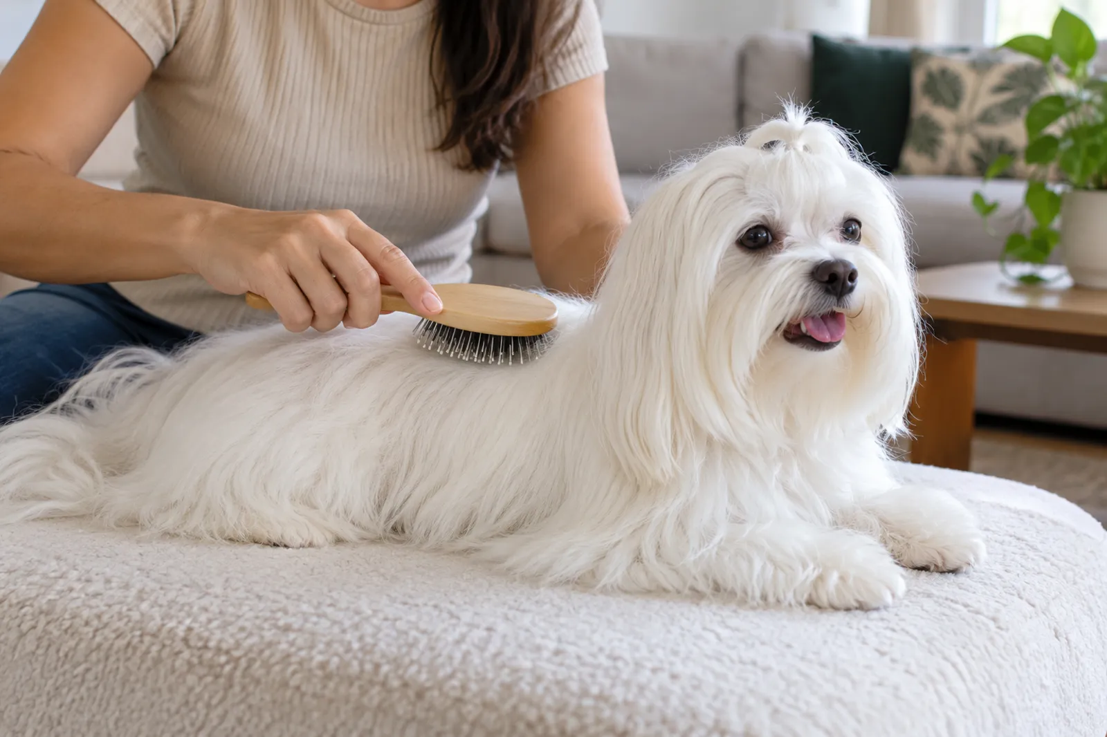 Tutora escovando suavemente a pelagem de um cão Maltês em casa.