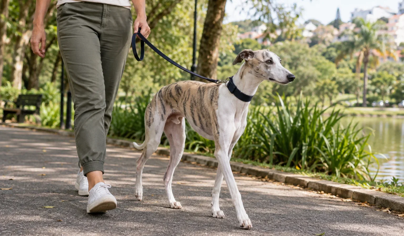 Whippet em passeio com guia ao lado da tutora.