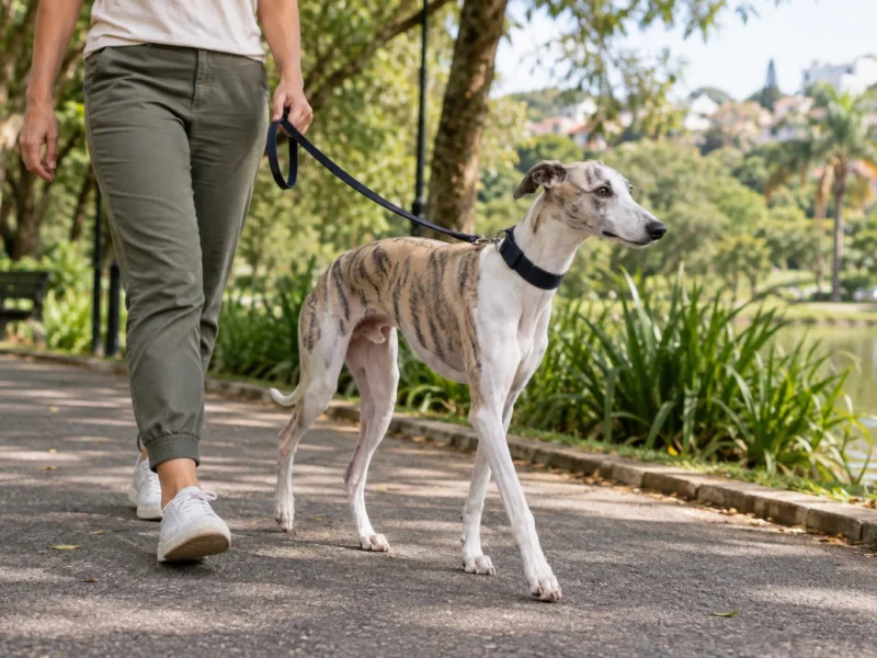 Whippet em passeio com guia ao lado da tutora.