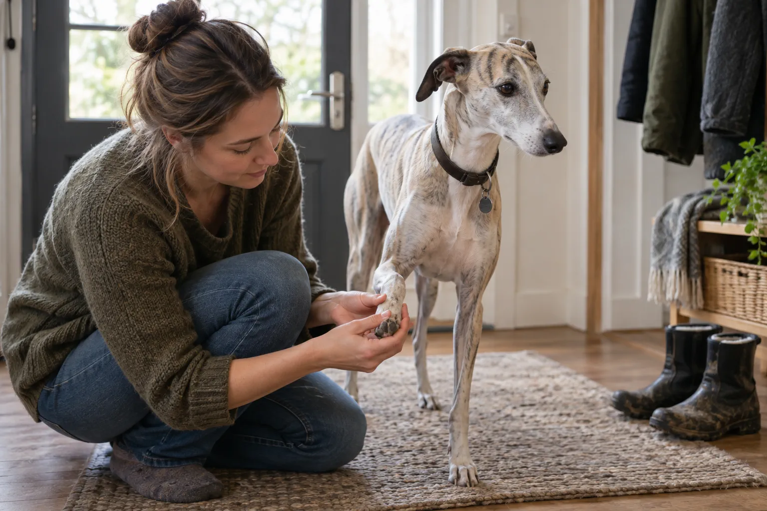 Tutora observando as patas de um Whippet após passeio.