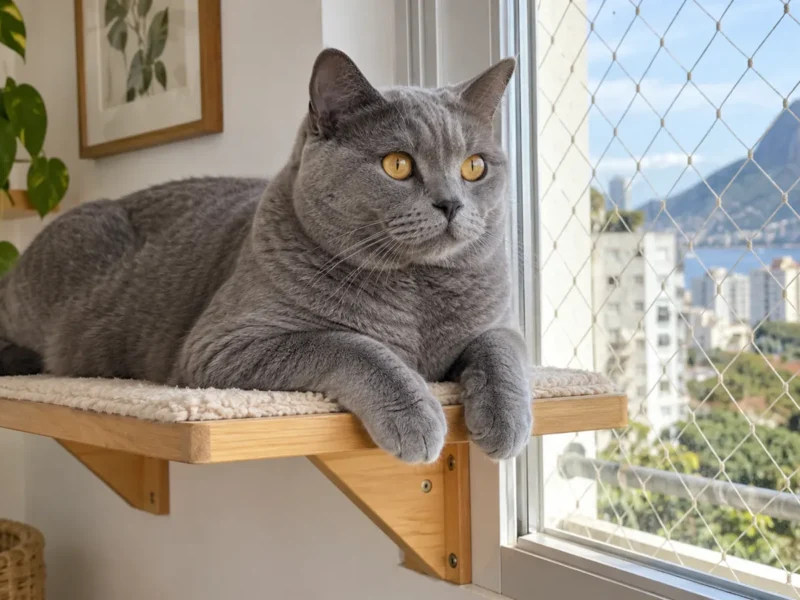 Gato Chartreux em prateleira segura perto de janela telada.