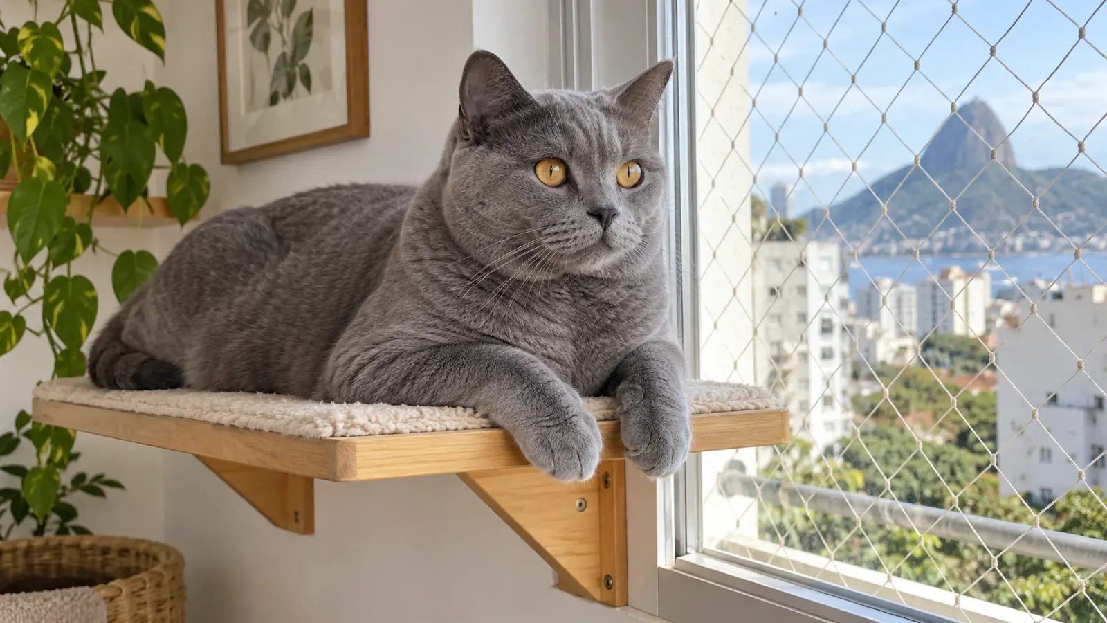 Gato Chartreux em prateleira segura perto de janela telada.