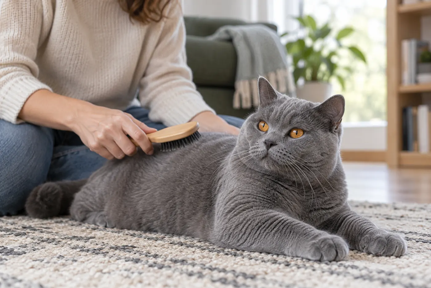Tutora escovando pelagem de gato Chartreux em casa.