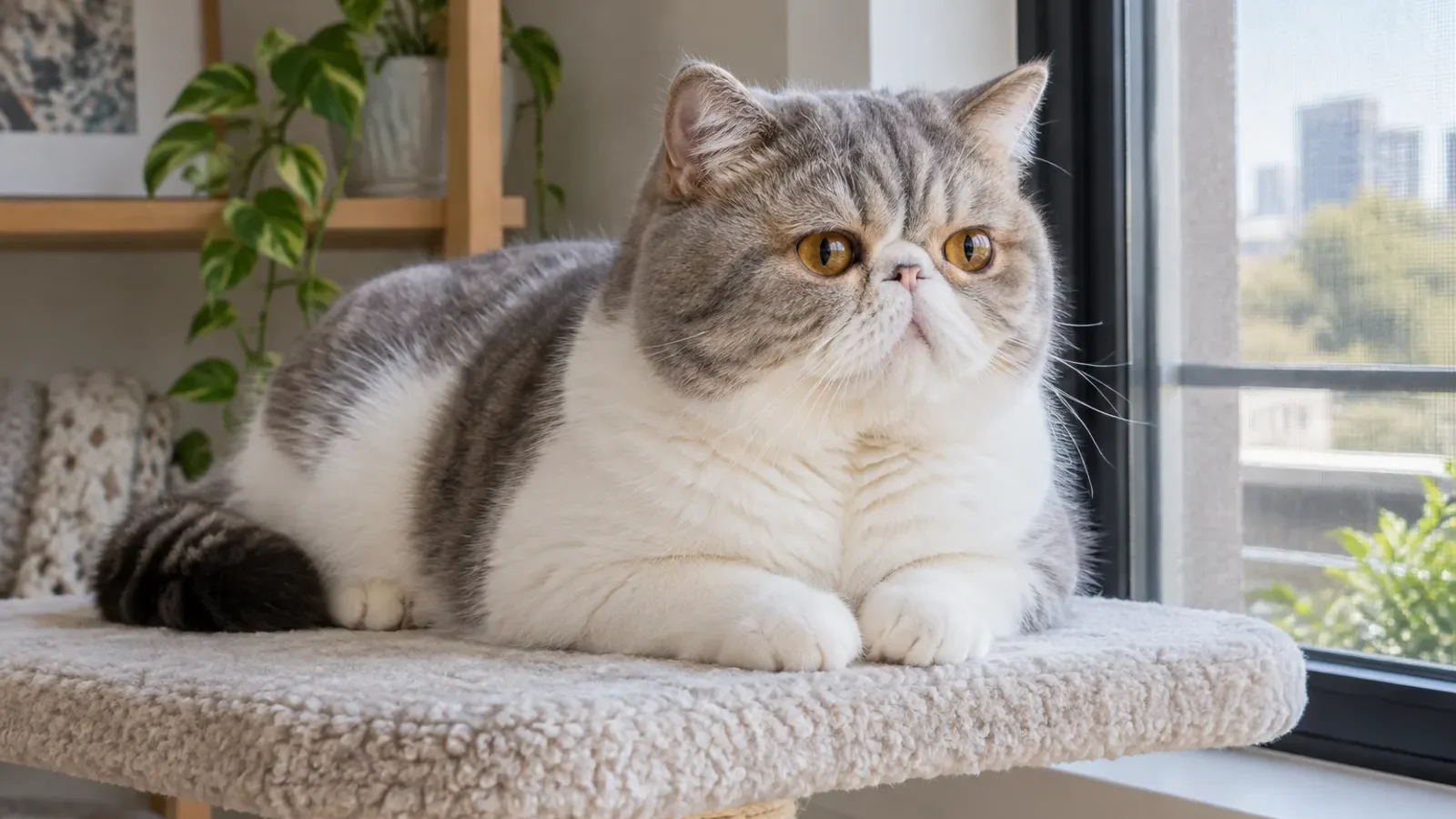 Gato Exótico de Pelo Curto descansando em ambiente interno seguro