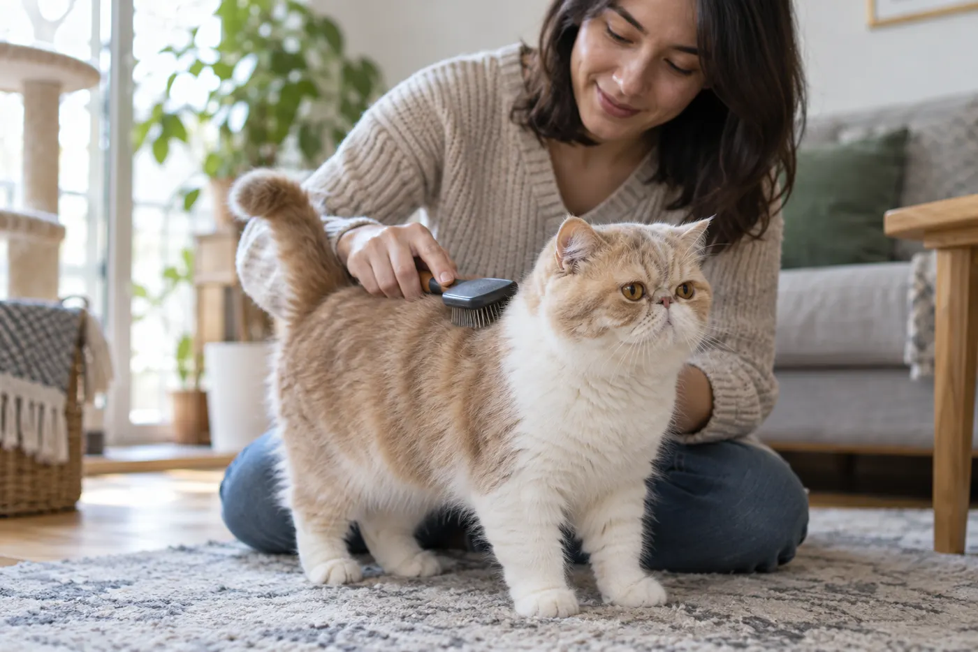 Tutora escovando suavemente gato Exótico de Pelo Curto em casa