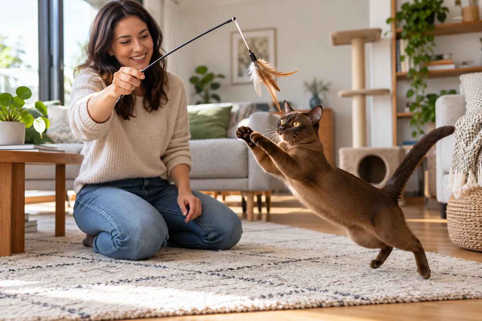 Tutora brincando com gato Burmês usando brinquedo de vara em casa.