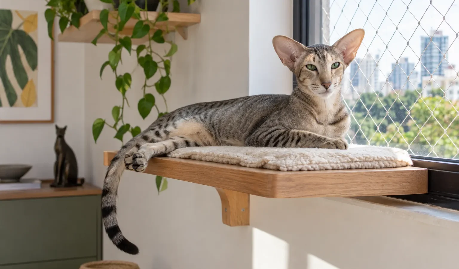 Gato Oriental de Pelo Curto descansando em prateleira segura.