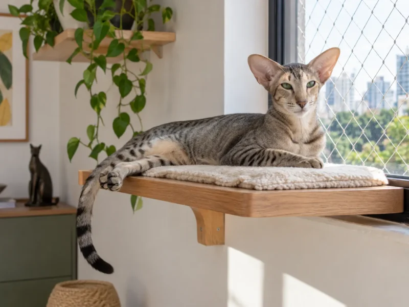 Gato Oriental de Pelo Curto descansando em prateleira segura.