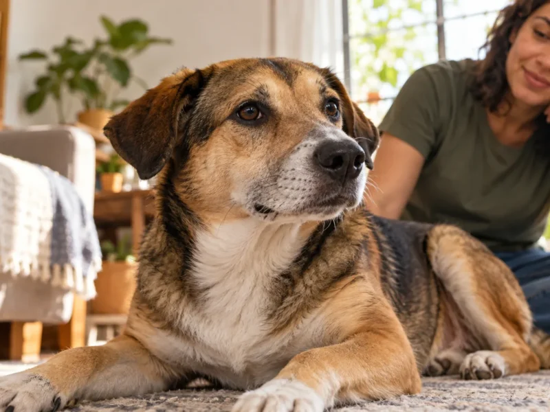 Cachorro adulto em casa enquanto tutor observa mudança na respiração.