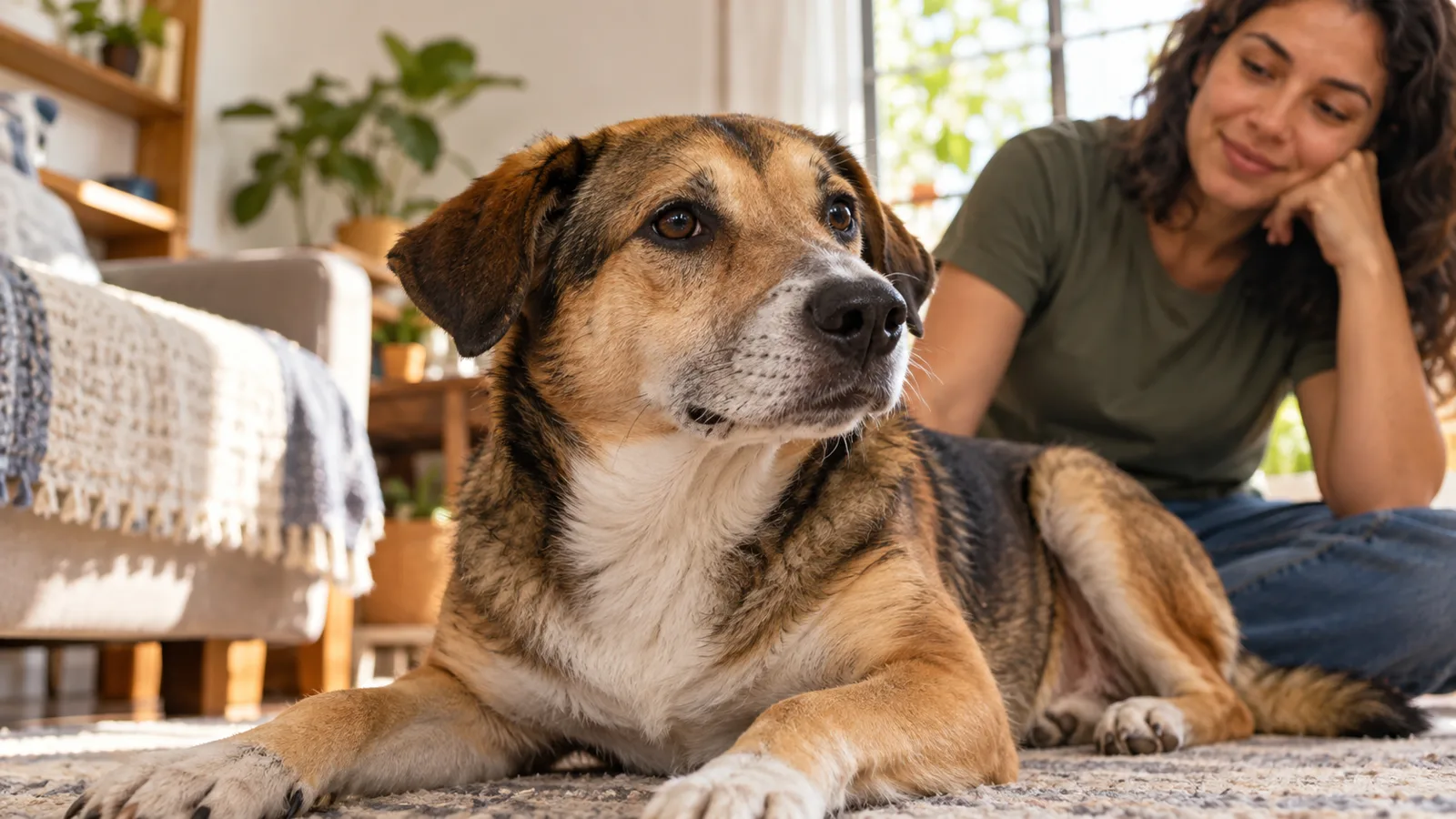 Cachorro adulto em casa enquanto tutor observa mudança na respiração.