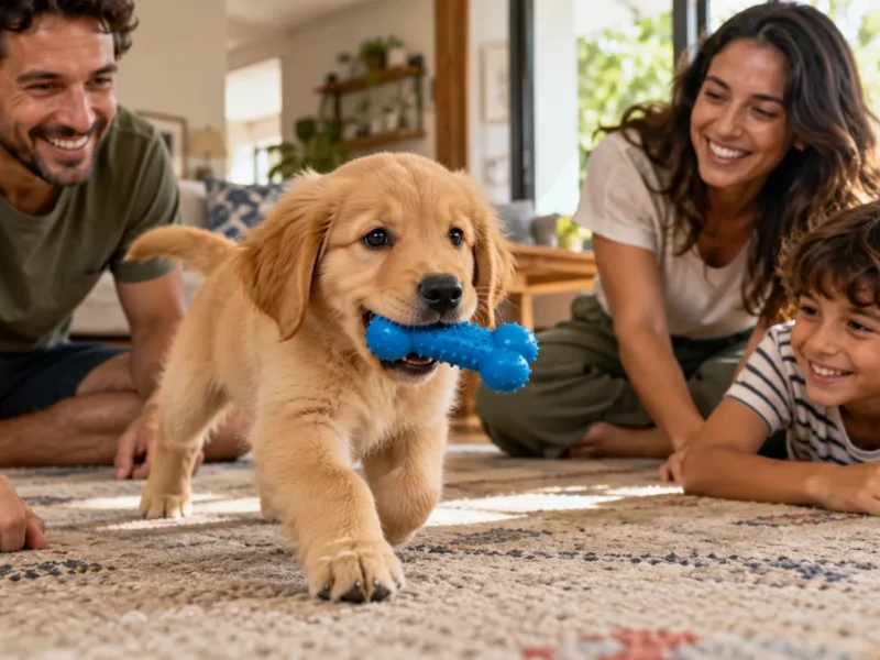 Filhote de cachorro brincando com brinquedo apropriado ao lado da família.