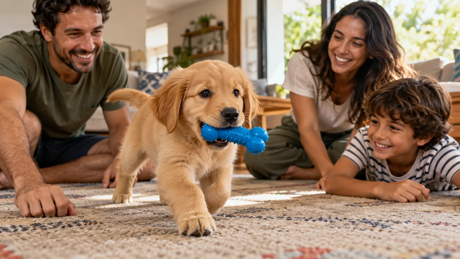 Filhote de cachorro brincando com brinquedo apropriado ao lado da família.