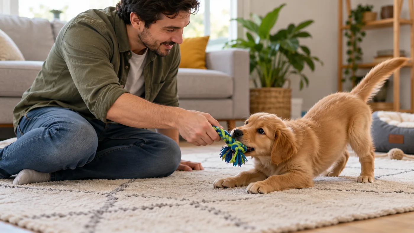 Cuidador redirecionando a mordida do filhote para um brinquedo seguro.