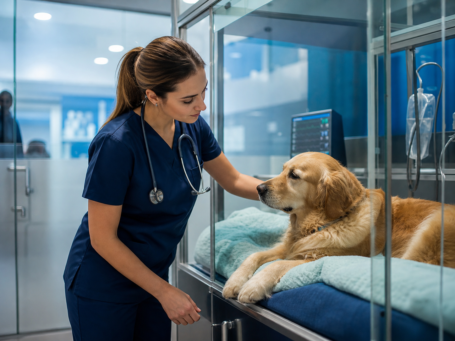 Veterinária acompanhando paciente em internação