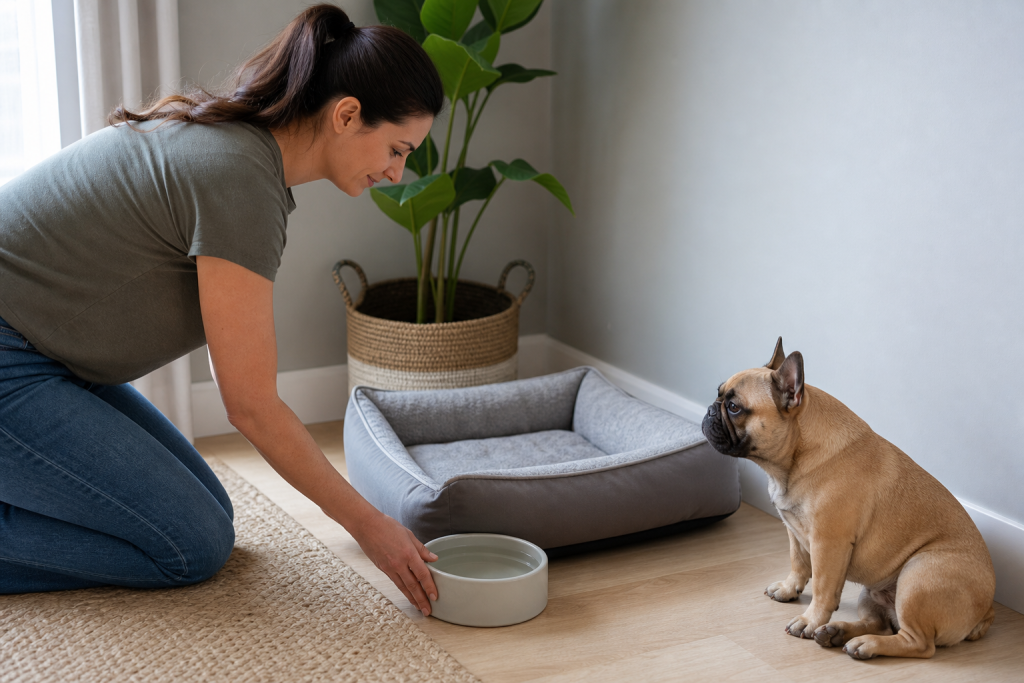 Tutor prepara água e local fresco para cão braquicefálico em casa.
