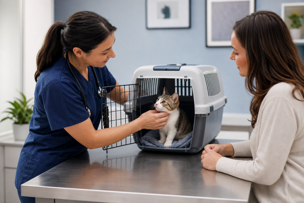 Médica-veterinária avaliando gato jovem em consulta com tutor ao lado.