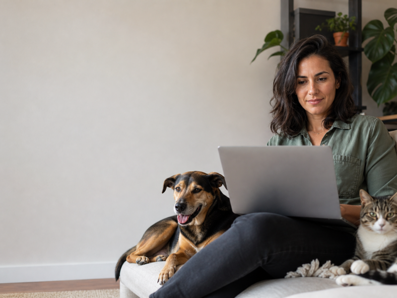 Tutor consulta informações sobre cuidados com cão e gato em casa.