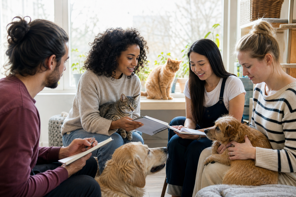 Tutores conversam sobre cuidados responsáveis com animais de companhia.