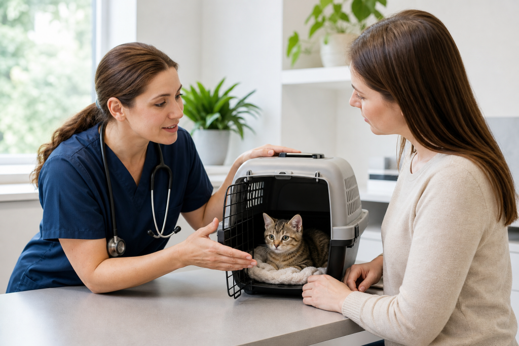 Médica-veterinária orienta tutor sobre transporte seguro de filhote.