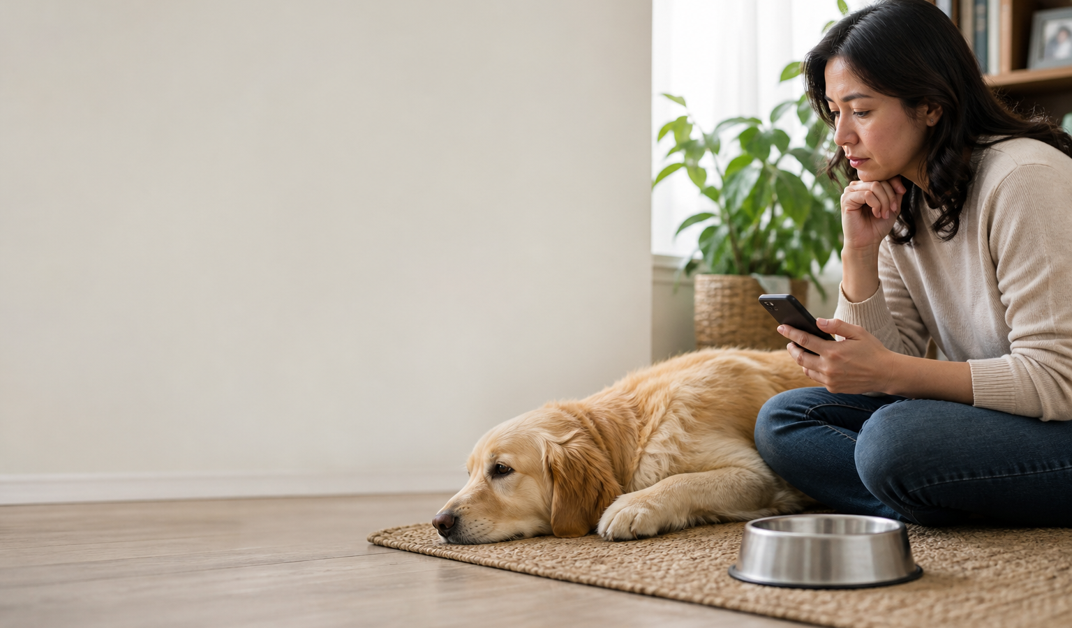 Tutor observa cão em repouso antes de buscar orientação veterinária.