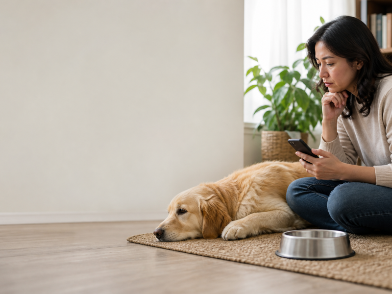 Tutor observa cão em repouso antes de buscar orientação veterinária.