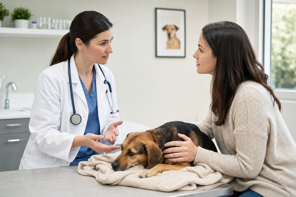 Médica-veterinária conversa com tutor durante avaliação de cão.