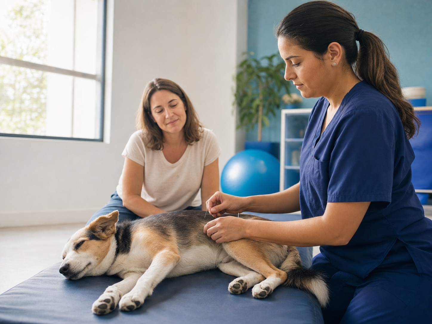 Veterinária realizando acupuntura em cão relaxado durante sessão de reabilitação
