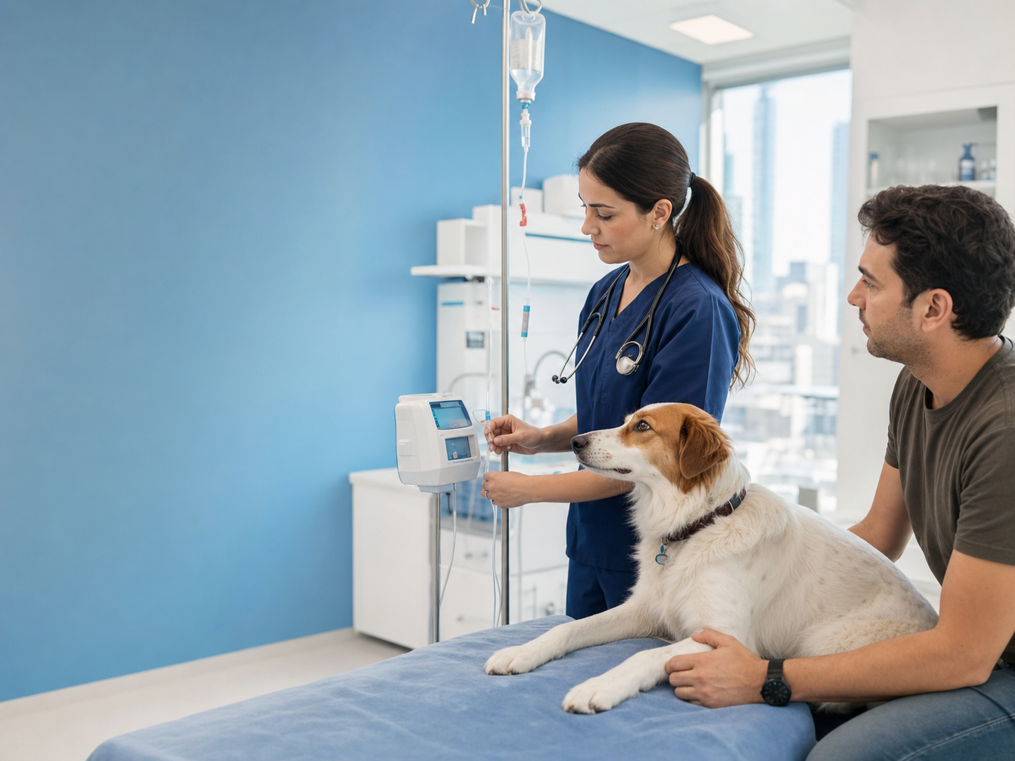 Veterinária acompanhando suporte transfusional de cão com tutor presente