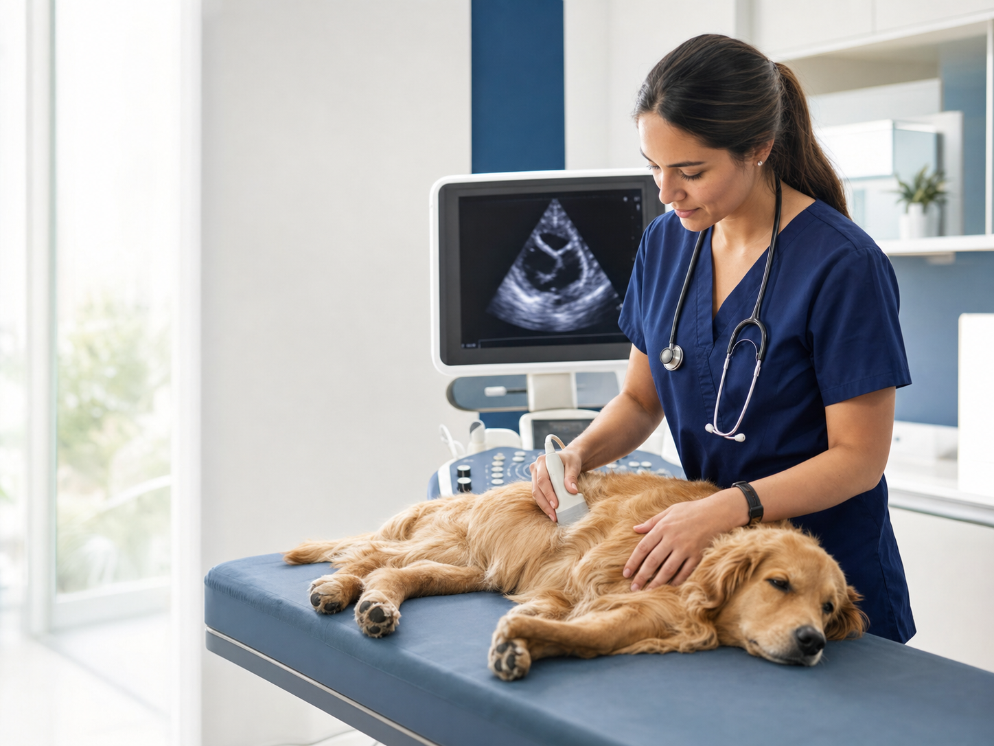 Veterinária realizando ecocardiograma em cão