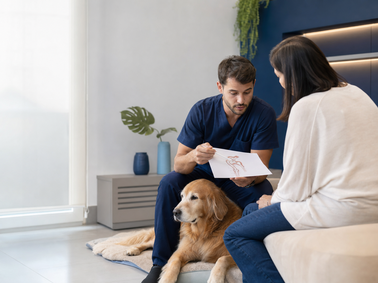 Veterinário orientando tutora sobre opções de cuidado para cão idoso