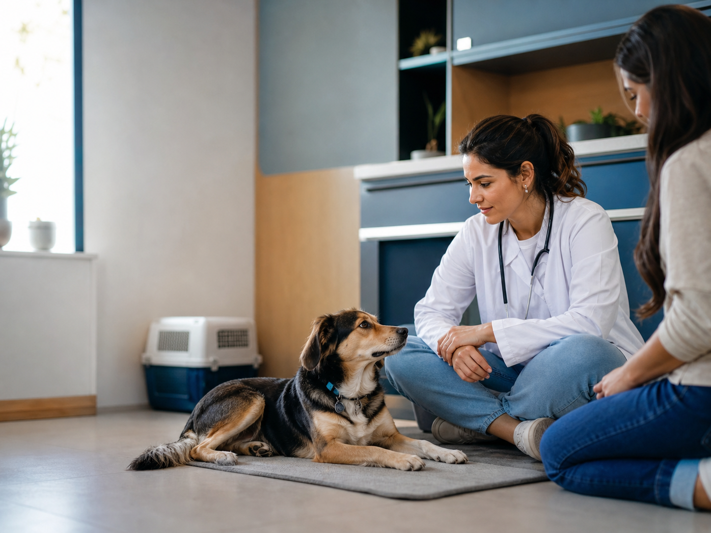 Veterinária em consulta comportamental com cão e tutora