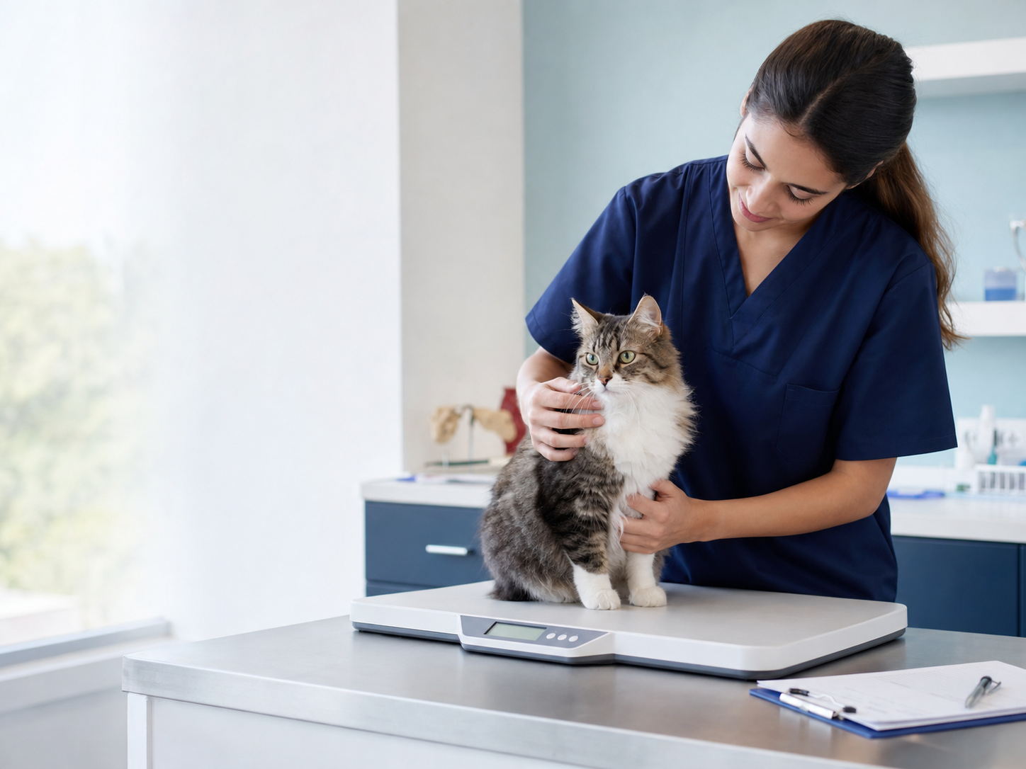 Veterinária acompanhando gato em consulta de endocrinologia veterinária