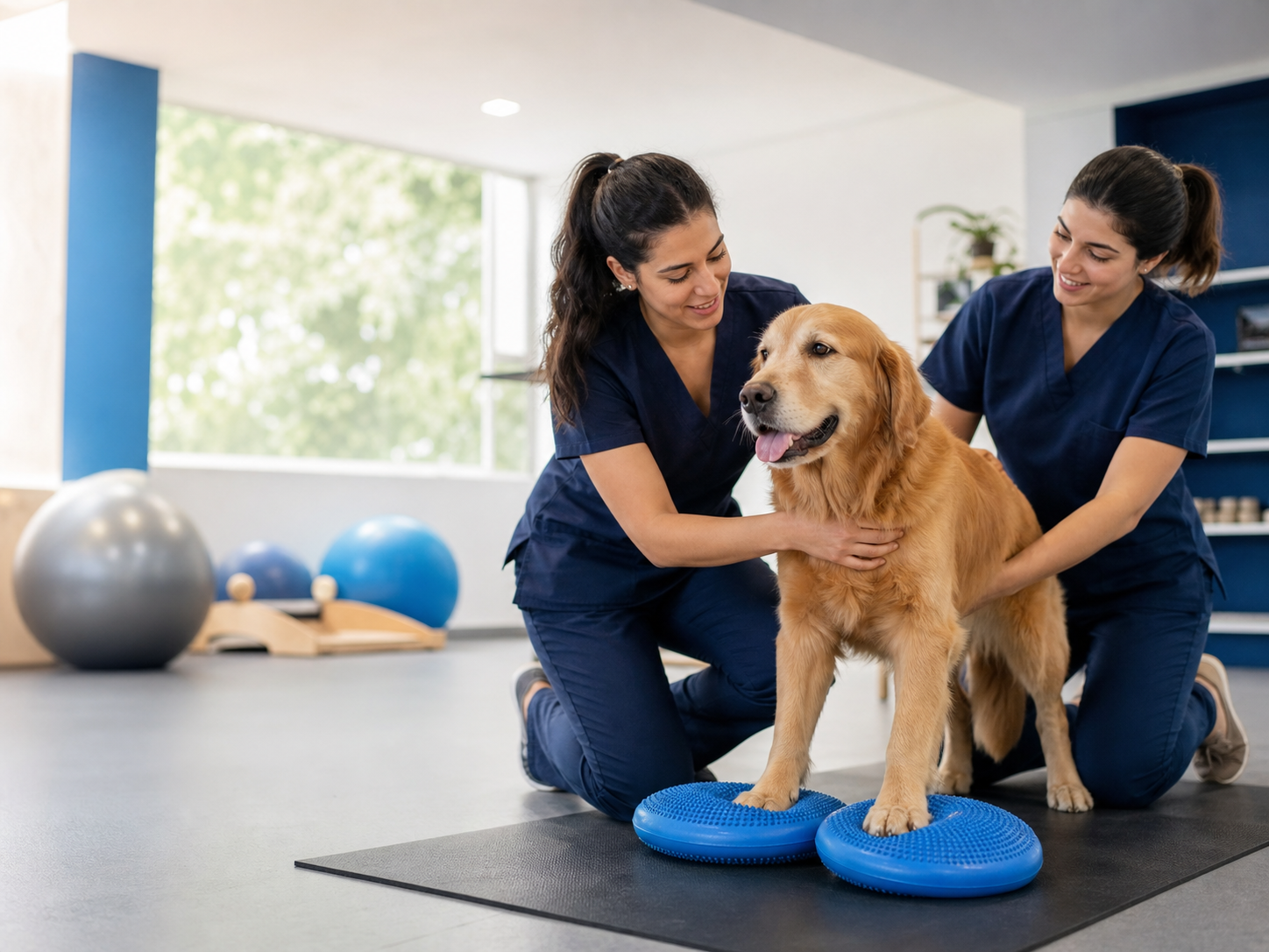 Equipe veterinária auxiliando cão em fisioterapia e reabilitação