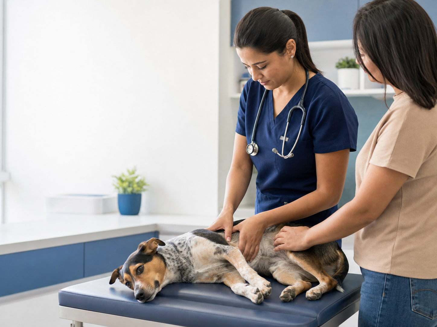 Veterinária realizando avaliação abdominal em cão