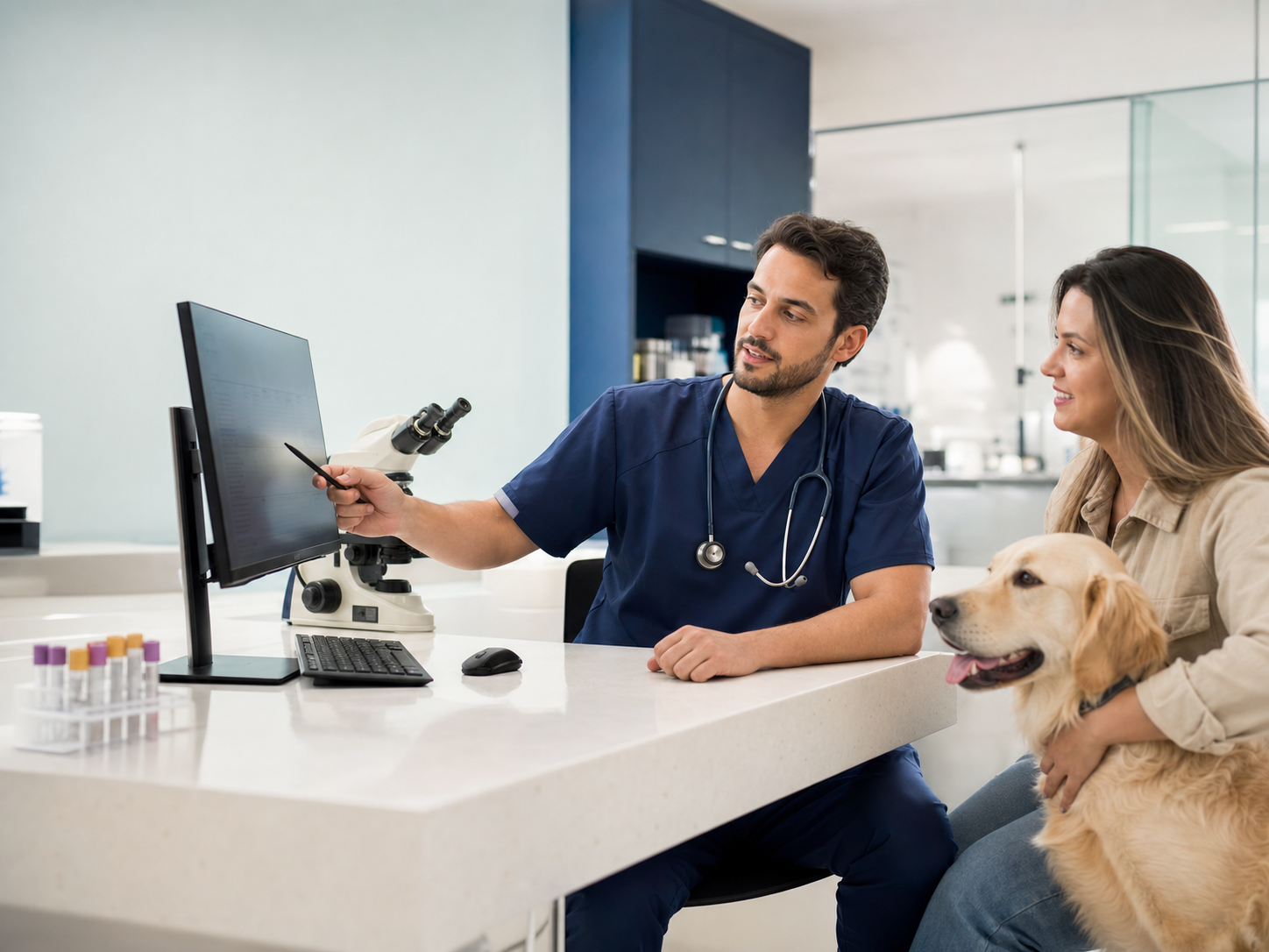 Veterinário e tutora revisando exames hematológicos de cão