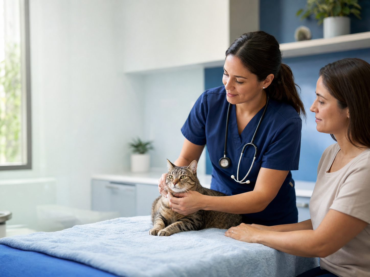 Gato tranquilo em consulta veterinária adaptada a felinos